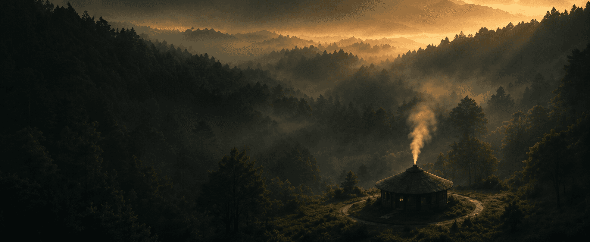 Casa de rezo entre montanhas e floresta ao amanhecer